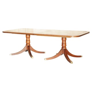 Flamed Hardwood 8-12 Person Extending Dining or Library Table with Green Leather Top For Sale