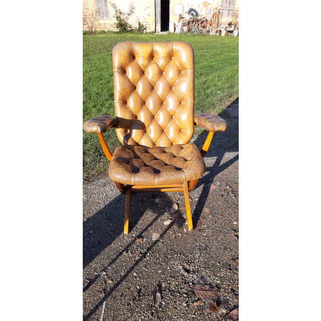 Animal Skin Chesterfield Leather Armchairs and Pouf, 1930, Set of 3 For Sale - Image 7 of 11