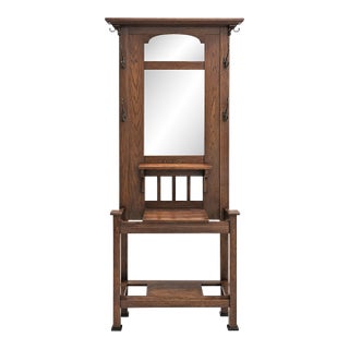 Antique 1910s Arts & Crafts Mission Oak Hall Tree Hooks, Mirror & Umbrella Stand For Sale