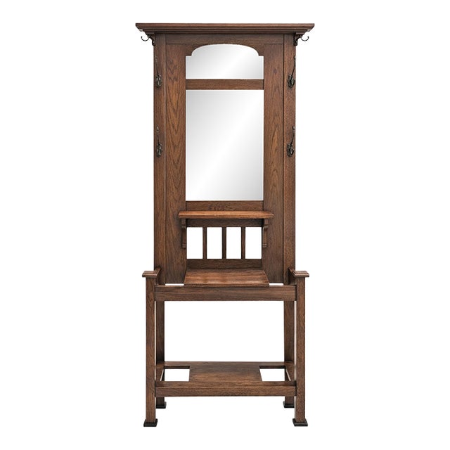 Antique 1910s Arts & Crafts Mission Oak Hall Tree Hooks, Mirror & Umbrella Stand For Sale