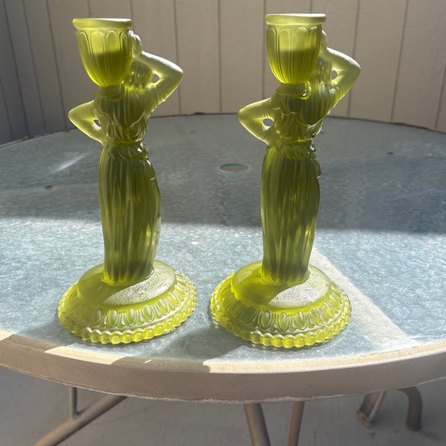 Vintage Fostoria Satin Glass Figural "Rebecca at the Well" Candlesticks in Olive Green. Elevate your tablescape or...