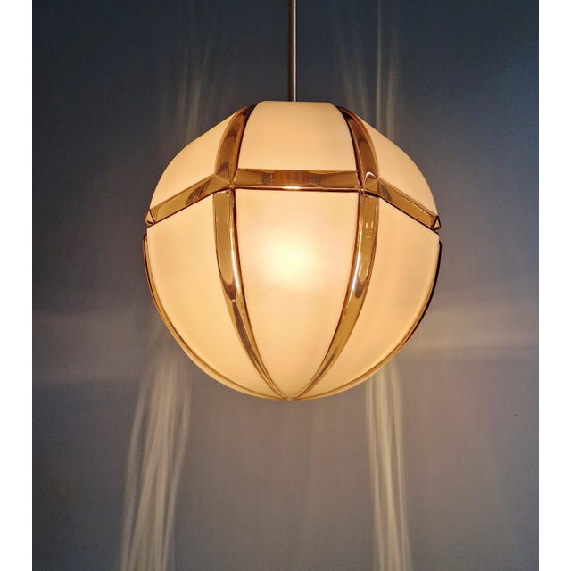 Metal Large Brass Pendant Light with Smoked and Frosted Glass Globe from Peill & Putzler, 1970 For Sale - Image 7 of 14