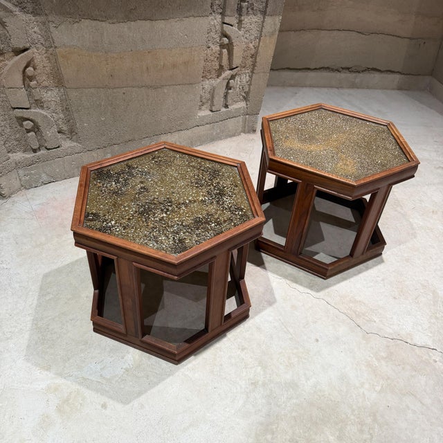 Mid-Century Modern John Keal for Brown Saltman Hexagonal Pair Side Table Walnut Enamel For Sale - Image 3 of 15