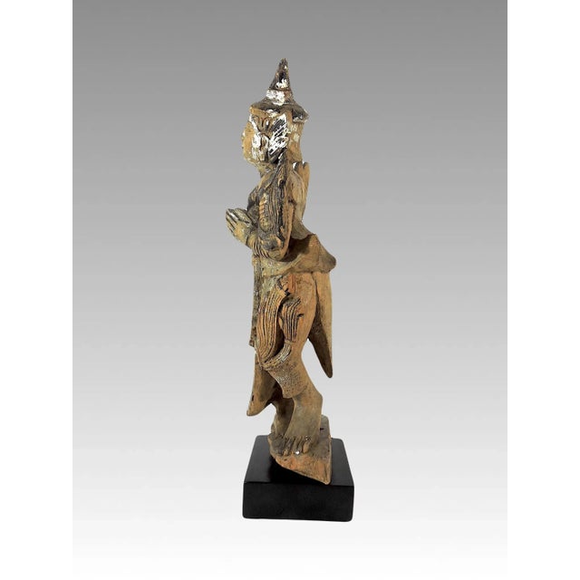 Figurative Late 19th Century Antique 'Teppanom' Temple Angel, Mounted Wood Statue Figure (Thailand) For Sale - Image 3 of 10