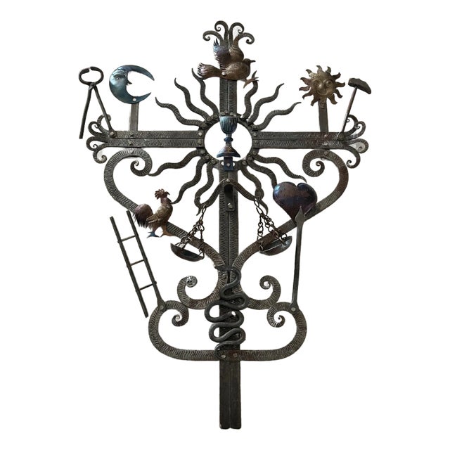Vintage Guadalupe Hermosillo Escobar of Chiapas Hand Forge Rooftop Wrought Iron Cross For Sale