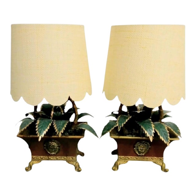 Vintage Tole Metal Palm Leaf Faux Bamboo Cache Pot Scalloped Shade Table Lamps- A Pair For Sale