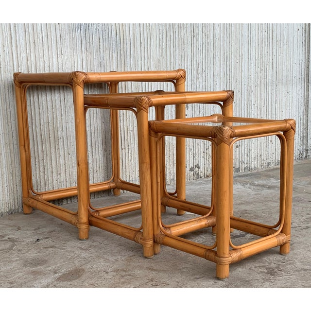 Bamboo and Rattan Nesting Tables With Clear Glass Top For Sale In Miami - Image 6 of 8