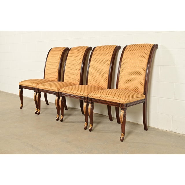 Neoclassical Baker Furniture Style Regency Carved Mahogany and Gold Gilt Dining Chairs, Set of Four For Sale - Image 3 of 12
