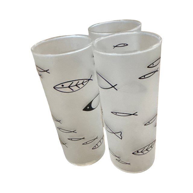 Mid-Century Modern Mid 20th Century Hand-Painted Frosted "Atomic Fish" Collins Glasses - Set of 3 For Sale - Image 3 of 6
