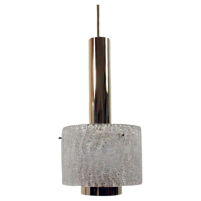 Mid-Century Ice Glass & Brass Pendant by JT Kalmar For Sale