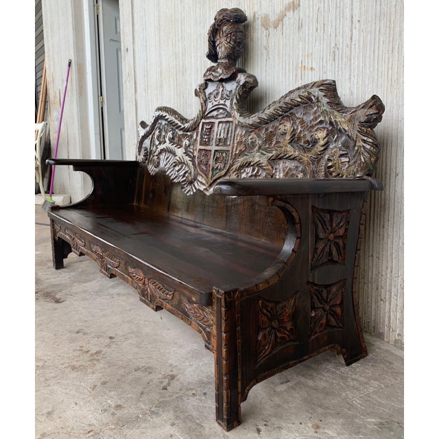 Baroque Early 20th Century Spanish Polychromed Hand Carved Oak Settee or Park Bench For Sale - Image 3 of 18