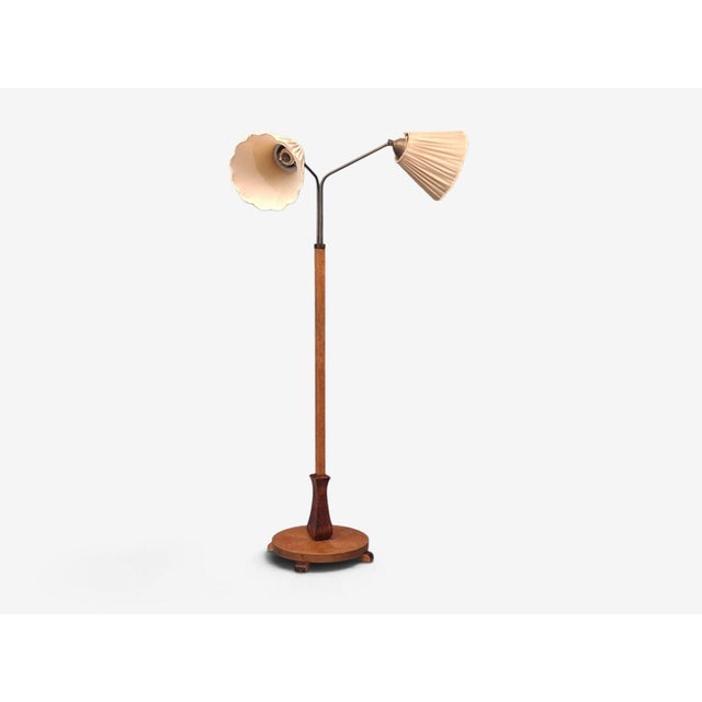 Wood Swedish Art Deco, Double Floor Lamp, Burl Wood, Metal, Fabric, Sweden, 1940s For Sale - Image 7 of 17
