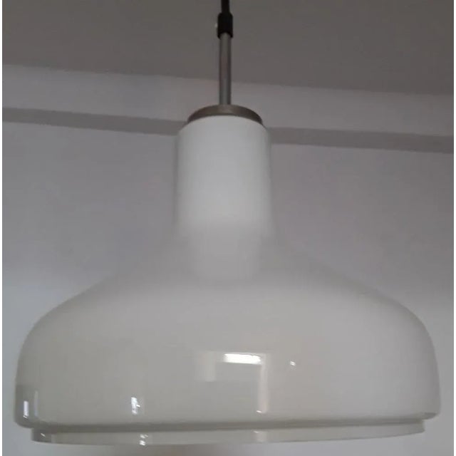 Ceiling Lamp with Opaque White Glass Shade, Chrome-Plated Metal Mounting & Black Cable and Canopy, 1960s For Sale - Image 3 of 5