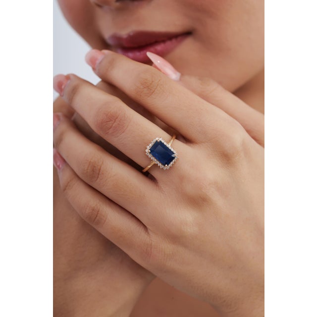 Not Yet Made - Made To Order 3.31ct Emerald-Cut Blue Sapphire Diamond Modern Engagement Ring Size 6 in 14k Gold For Sale - Image 5 of 18