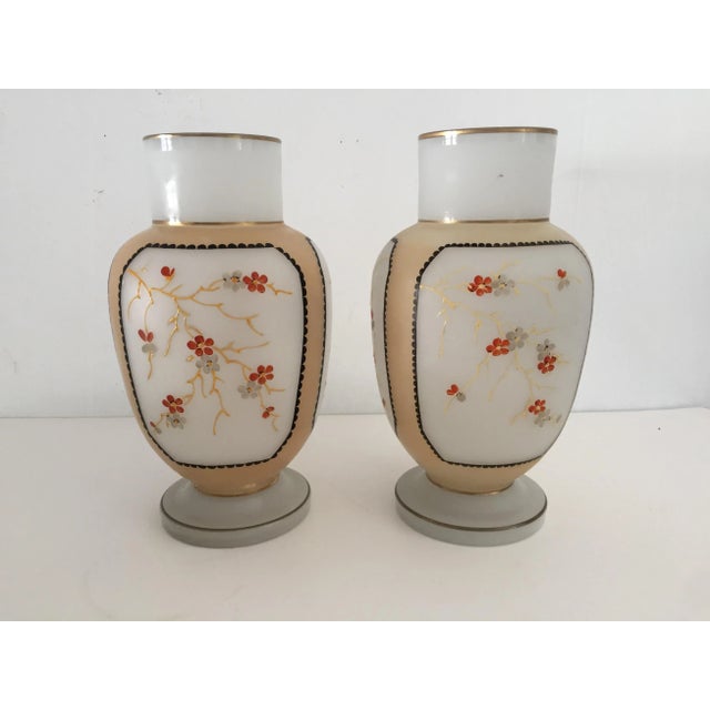 Vintage Hand Painted Pair of Bristol Vases With Flying Birds Decoration at Front ,The back is with Floral Asian Style...