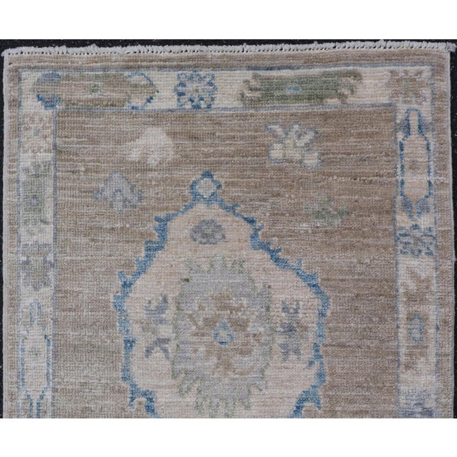 Modern Oushak Rug With Taupe Accents of Sky Blue and Sage Green 2'0 X 2'8 For Sale In Atlanta - Image 6 of 8