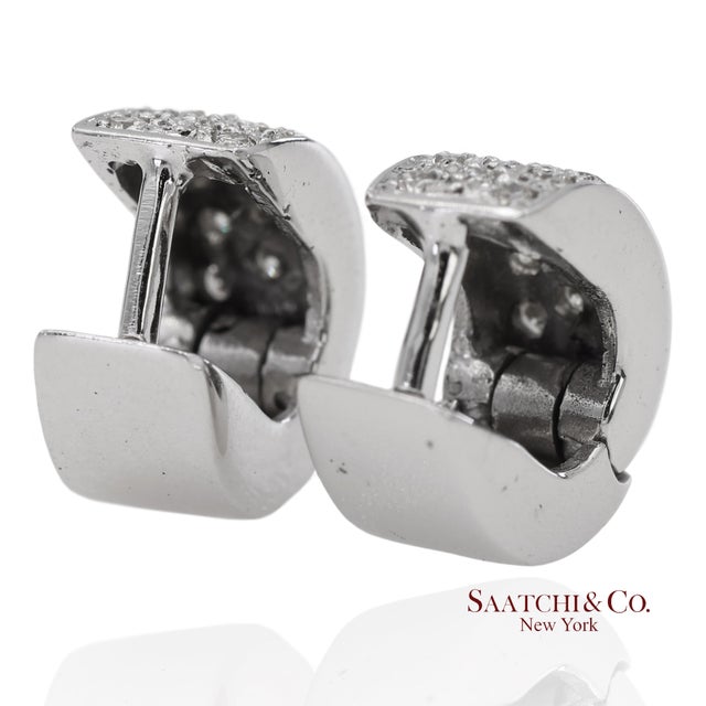 Metal 18k 750 Solid White Gold Natural Diamond Huggie Hoop Earrings, Pair For Sale - Image 7 of 12