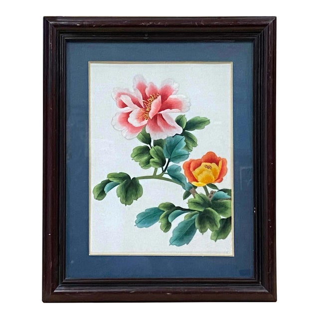 Oriental Chinese Peony Flower Embroidery Framed Wall Decor For Sale