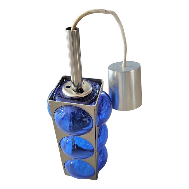 Swiss Blue Glass and Chrome Pendant from Temde, 1980s For Sale