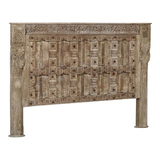 King Headboard Constructed From an Antique Indian Carved Teakwood Door and Pillars For Sale