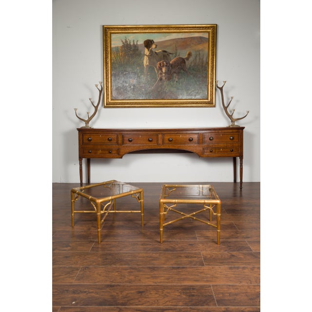 Pair of French Midcentury Gilt Faux Bamboo Drinks Tables with Glass Tops For Sale In Atlanta - Image 6 of 12