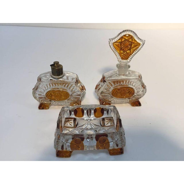 Exceptional luxury Art Deco Bohemian Karl Palda crystal cut vanity set with soap container, perfume bottle and eau de...