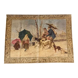 19th Century French Hand Painted Pastoral Canvas Tapestry Signed Rosetta V.