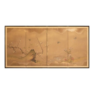 1960s Shōwa Era Japanese Byobu Screen by Issai, "Sakura and Sparrows" For Sale