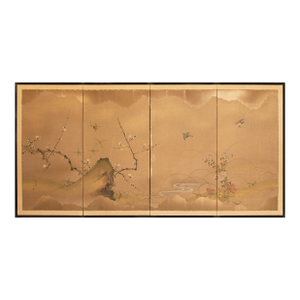 1960s Shōwa Era Japanese Byobu Screen by Issai, "Sakura and Sparrows"