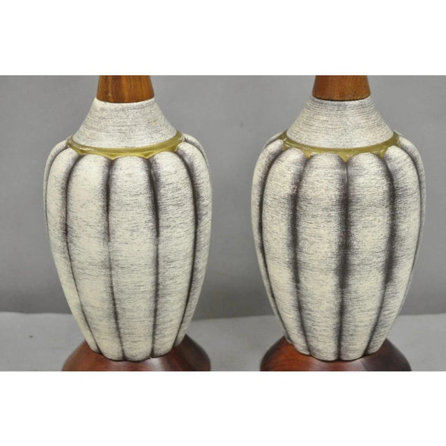 Mid 20th Century Vintage Mid Century Modern Walnut & Ceramic Small Sculptural Table Lamps - Pair For Sale - Image 5 of 12