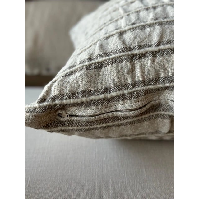Mid-Century Modern Woven Belgian Linen and Wool Stripe Accent Pillow With Down Insert For Sale - Image 3 of 6