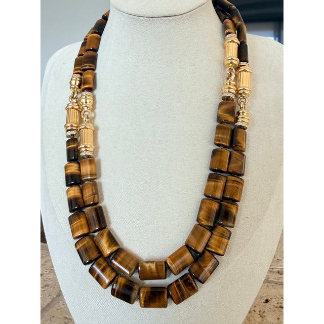 1980s Italian 14k Gold Tiger’s Eye Diamond Sautoir Necklace For Sale - Image 11 of 15