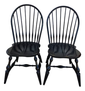 1990s 2 Nichols & Stone Windsor Side Chairs Bow Back Saddle Seat Distressed Country