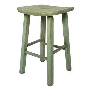 Vintage Painted Turquoise Green Wooden Stool 1950s For Sale