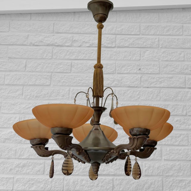 5-Arm Chandelier in Brass and Havana Glass, Sweden, 1930s For Sale - Image 10 of 10