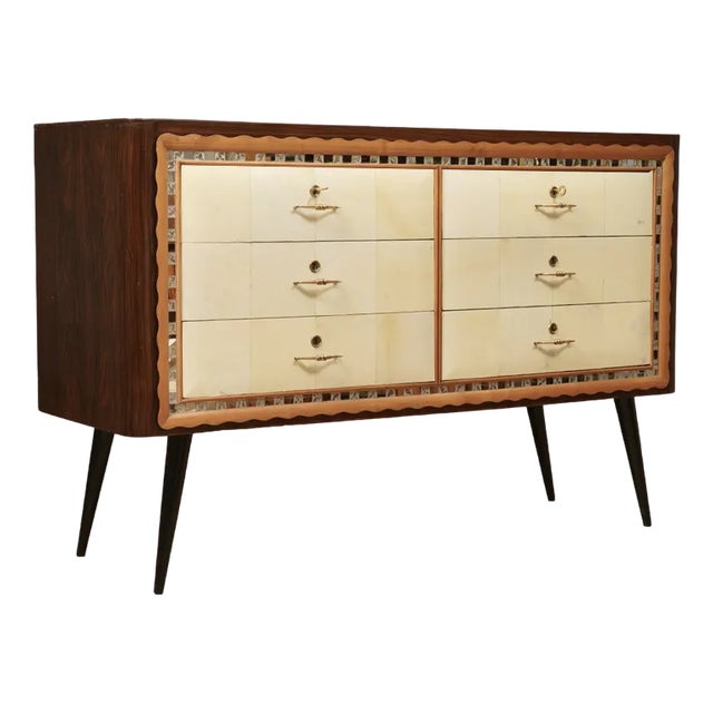 Italian Art Deco Walnut, Goat Skin and Brass Chest of Drawers, 1950 For Sale