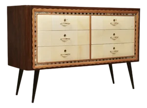 Italian Art Deco Walnut, Goat Skin and Brass Chest of Drawers, 1950