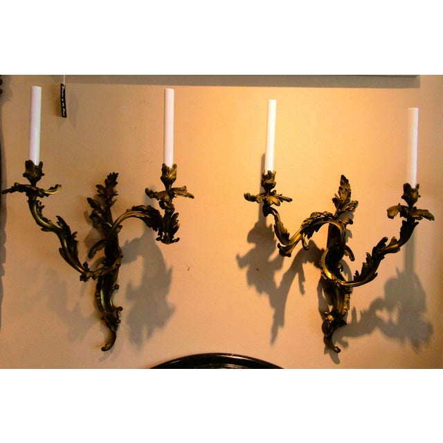 Antique Pair French 19th Century Louis XV Gilt Bronze Two Light Wall Sconces For Sale - Image 4 of 18