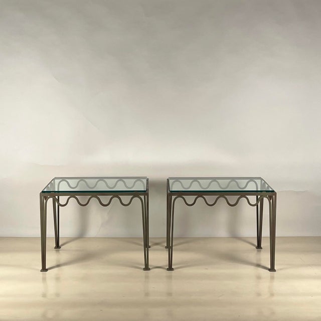 Contemporary Pair of Large 'Méandre' Verdigris and Glass End Tables by Design Frères For Sale - Image 3 of 7