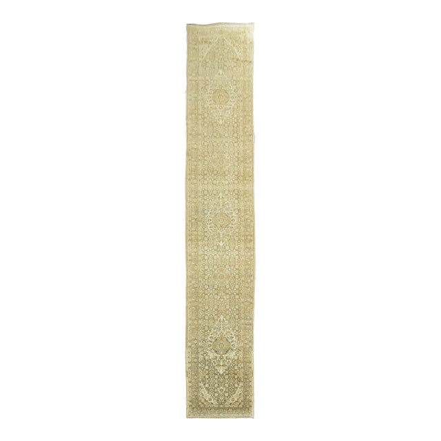 Early 20th Century Green Beige Persian Tabriz Runner - 3'3" x 19'4" For Sale