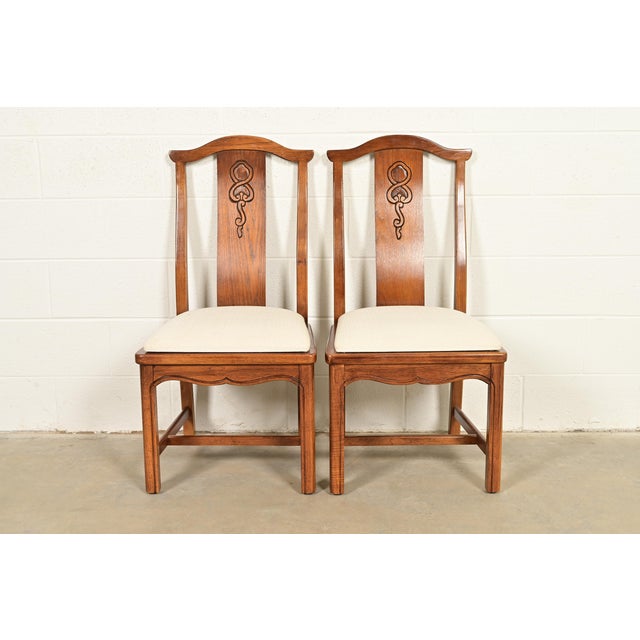 A gorgeous pair of Mid-Century Modern Hollywood Regency Chinoiserie high back side chairs or dining chairs By Thomasville...