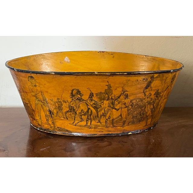 French Early 20th Century French Tole Cachepot Planter Decorated With Scenes of Napoleon and Duke of Wellington at Waterloo For Sale - Image 3 of 12