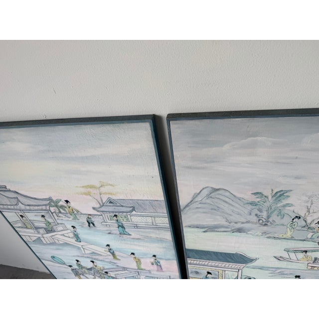 Celadon 1970’s Mary Rohloff Figurative Asian Landscape Scene Acrylic on Canvas Paintings – A Pair For Sale - Image 8 of 12