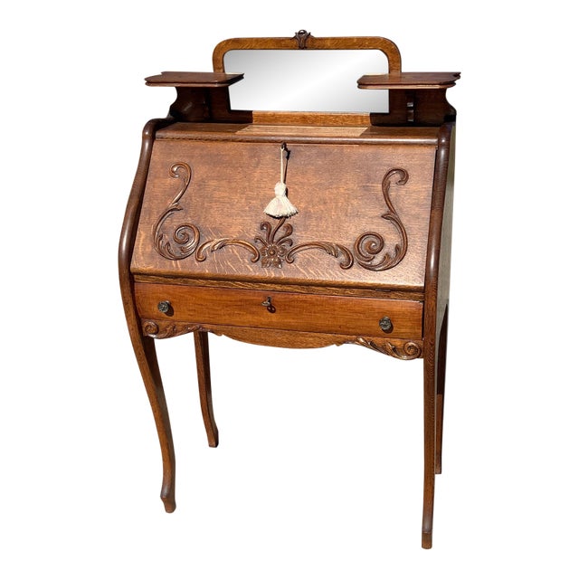 Antique Oak Carved Slant Front Desk For Sale