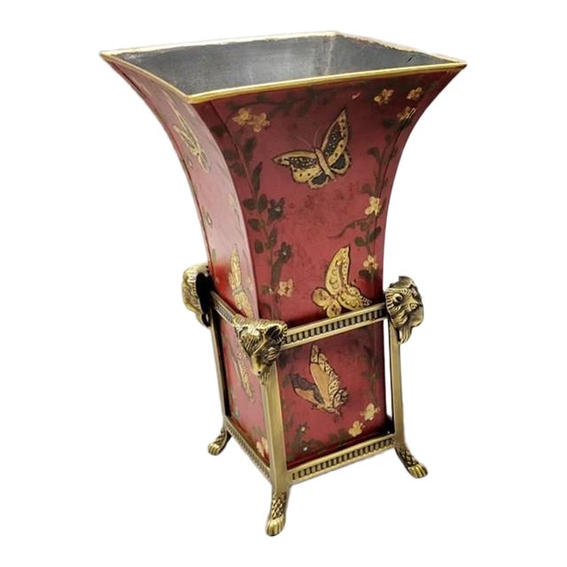 Vintage Red Tole Vase in Brass Rams Head Stand For Sale