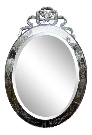 Large Antique Oval Etched Venetian Mirror With Bow
