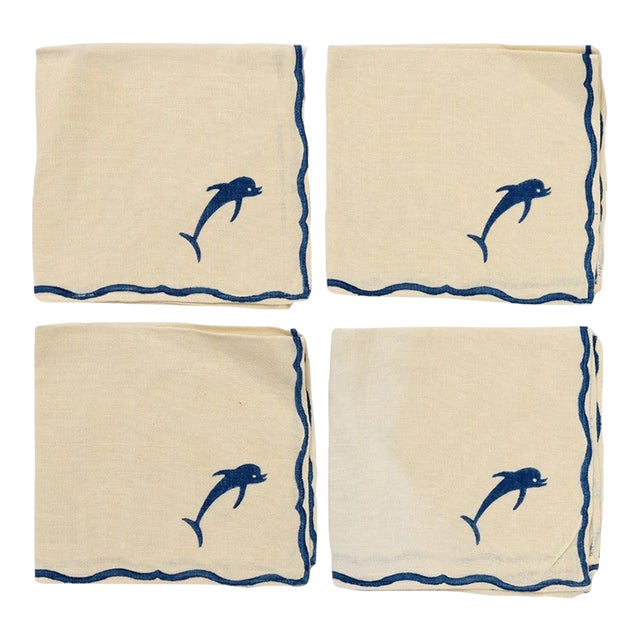 1960s Blue Dolphin Linen Napkins - Set of 4 For Sale