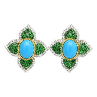 Natural Tsavorite, Turquoise & Diamond Earring in 14k Gold For Sale
