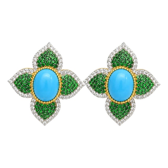 Natural Tsavorite, Turquoise & Diamond Earring in 14k Gold For Sale