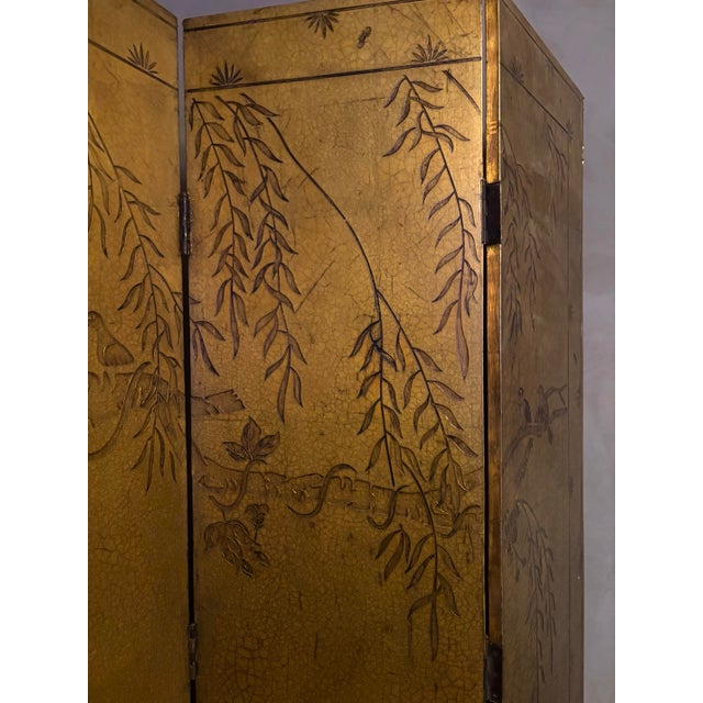Gold Antique Asian Four Panel Lacquered Screen With Gold Leaf and Brass Hinges For Sale - Image 8 of 8